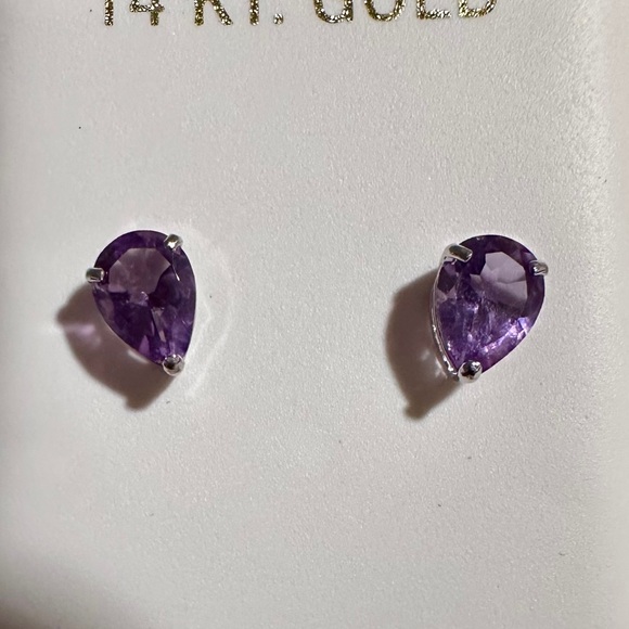 14k solid white gold & 1.94 carats Pear Shaped genuine amethyst earrings - Picture 3 of 12